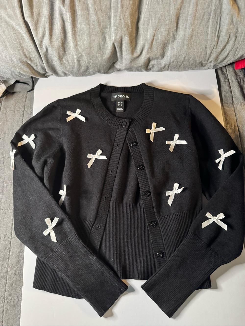 Arden B Black Button-Up Cardigan with White Bow Accents